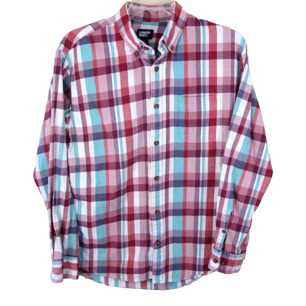 Lands End Traditional Fit Long Sleeve‎ Plaid Flannel Shirt Men's Large Cotton